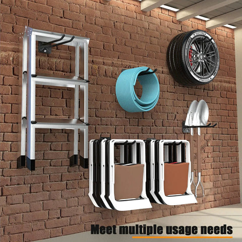 Beefy 12.4 Inch Heavy-Duty Wall Mount Garage Hooks 2-Pack Rustproof Steel Hangers holding tools, tires, and chairs in a garage.