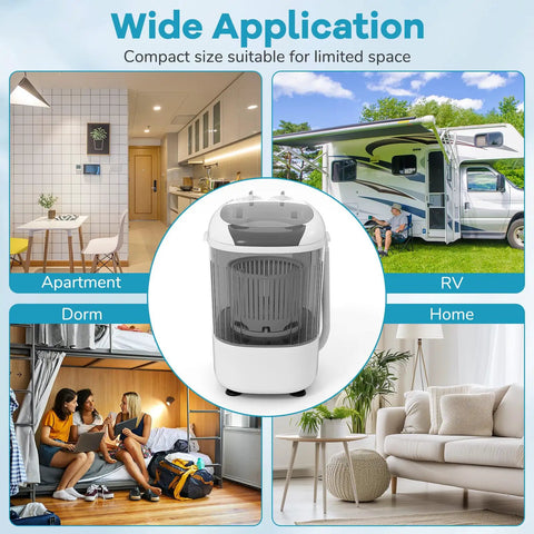 Super Duper Handy Portable Mini Washing Machine With Five Point Five Lbs Capacity And Quick Spin Tub, No Sweat Semi Auto Compact Laundry Washer For Tight Dorm Rooms And Rv Weekend Getaways, Chill Grey Vibe in various settings.