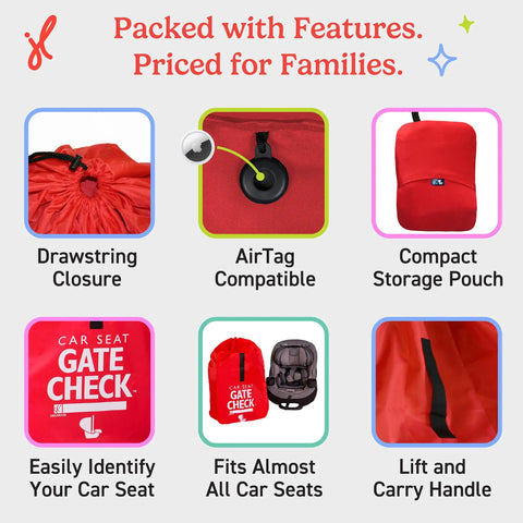 Go To Gate Check Car Seat Travel Bag For Airplane Lightweight Protective Cover For All Baby And Infant Car Seats Airport Essentials For Gate Check AirTag Compatible Red with features shown