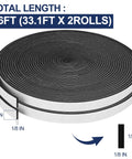 Two rolls of black foam weatherstripping tape, self-adhesive, 1/2 in wide x 1/8 in thick, 66 ft total.