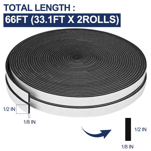 Two rolls of black foam weatherstripping tape, self-adhesive, 1/2 in wide x 1/8 in thick, 66 ft total.