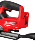 Milwaukee M18 FUEL cordless jigsaw with D-handle, red body, black grip, metal baseplate, dust port
