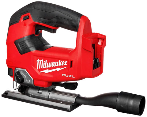 Milwaukee M18 FUEL cordless jigsaw with D-handle, red body, black grip, metal baseplate, dust port