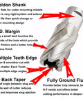Image detailing Nine Sixteenth By Two Inch Annular Cutter For Magnetic Drills HSS M2 High Speed Steel Fourteen Millimeter By Fifty One Millimeter Slug Cutter Three Quarter Inch Weldon Shank With Two Flats Two Inch Deep Cutting Length Fits Most Magnetic Drill Presses featuring Weldon Shank, OD Margin, Multiple Teeth Edge, ID Back Taper, and Fully Ground Flutes.