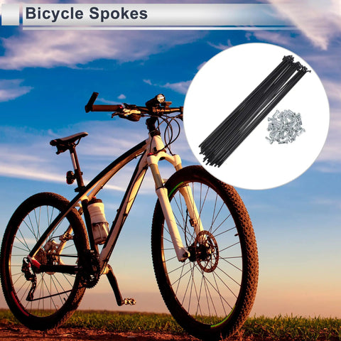 Mountain bike with Universal Bicycle Spokes Set 13G 215Mm Length With Nipples Black 36 Pieces in overlay.