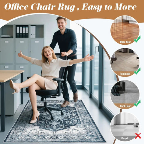 Two people using a rolling chair on a No Slip Office Chair Mat For Hardwood And Tile Floors 36 By 48 Inches Under Desk Carpet Protector For Rolling Computer Chairs Wheels Quiet Rolling And Floor Protection Machine Washable Chenille Blue.