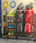 Garage Golf Bag Storage Organizer holds 2 full-size bags with 360 degree swivel wheels, wood shelves, anti-tip straps, and steel frame