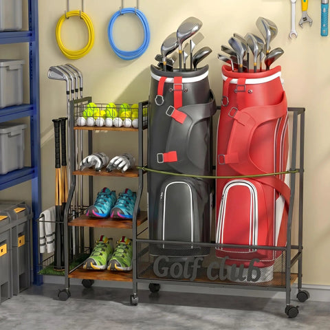 Garage Golf Bag Storage Organizer holds 2 full-size bags with 360 degree swivel wheels, wood shelves, anti-tip straps, and steel frame