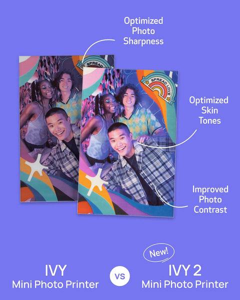 Comparison of photo quality between Ivy Mini Photo Printer and Ivy 2 Mini Photo Printer showing improved sharpness, skin tones, and contrast.