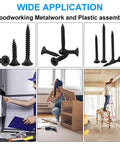 Image displaying Six Gauge Black Oxide Drywall And Wood Screws Kit, with examples in woodworking and construction applications.