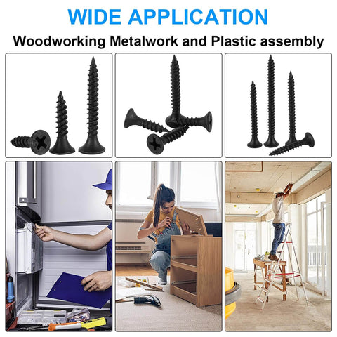 Image displaying Six Gauge Black Oxide Drywall And Wood Screws Kit, with examples in woodworking and construction applications.