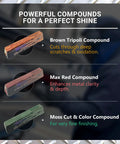 Polish Kit For Buffing Aluminum And Stainless Steel On Big Rigs And Lifted Trucks With 10 Inch Buffing Pads And Liquid Metal Polish Pro 40 includes three compounds: brown, red, and green for metal finishing.