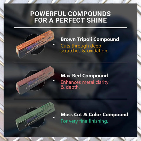 Polish Kit For Buffing Aluminum And Stainless Steel On Big Rigs And Lifted Trucks With 10 Inch Buffing Pads And Liquid Metal Polish Pro 40 includes three compounds: brown, red, and green for metal finishing.