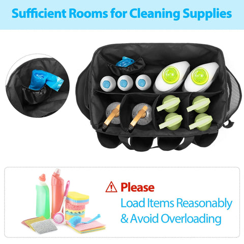 Top view of Big Ol Extra Large Cleaning Caddy Organizer with open compartments holding bottles and brushes, black