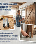 Built Tough Vertical Track Roller Wheels For Barn Doors And Cabinets Zero Wiggle Bottom Slide Guides With Rubber Treads image featuring roller wheels and a barn door.