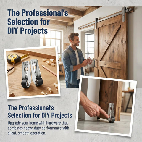 Built Tough Vertical Track Roller Wheels For Barn Doors And Cabinets Zero Wiggle Bottom Slide Guides With Rubber Treads image featuring roller wheels and a barn door.
