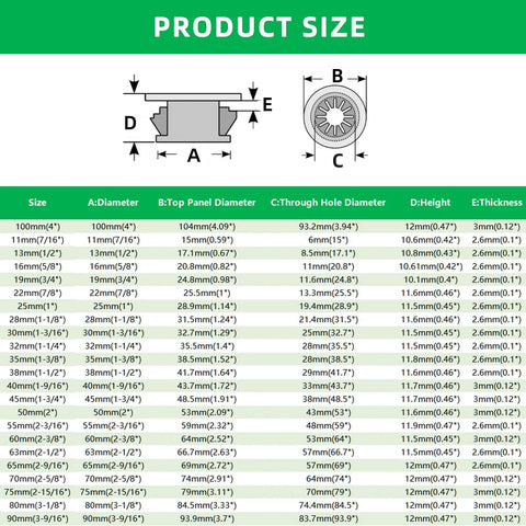 Product size chart for 4 Pack Desk Cable Grommets 63mm Petal Buckle Nylon Snap Bushing, showing dimensions and specifications.