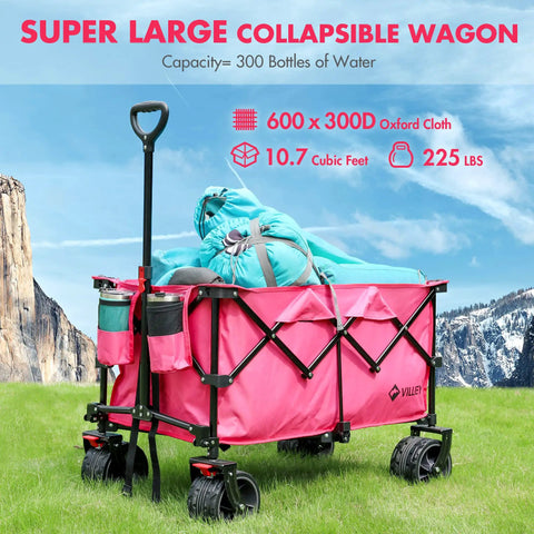 Pink All Terrain Folding Wagon Cart With Big Wheels Heavy Duty Collapsible Utility Cart 225 Lb Capacity in a field