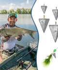 Angler holding a fish near a boat, side view of Assorted Pyramid Fishing Sinker Weights Kit 21 Pcs 1 3 4 6 Oz For Freshwater And Saltwater Fishing Great For Bass And Catfish Casting Surf Tackle Durable Corrosion Resistant Long Lasting Performance