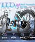 Dope City Cruiser Electric Bike With 24 Inch Wheel Peak 1000W Motor 28 MPH Top Speed showing motor details and speed features