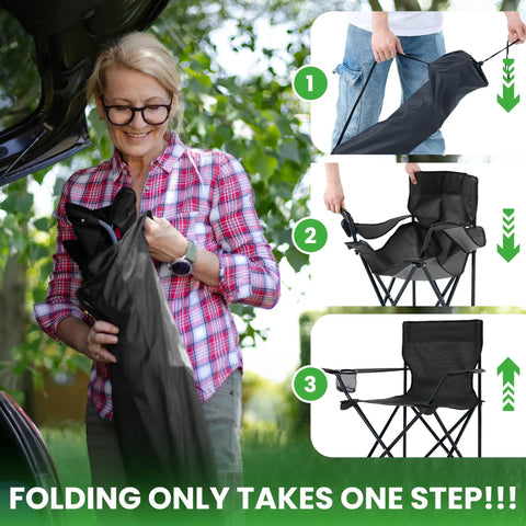 2 Pack Portable Camping Chairs Folding Lawn Chairs Outdoor Lightweight Beach Chairs With Cup Holder And Carry Bag For Fishing Hiking Travel Picnic And Backyard Use Sturdy X Frame Design For Stability being folded into carry bag