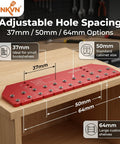 Professional Self Clamping Shelf Pin Jig Drills Eleven Perfectly Aligned Holes In One Straight Shot Featuring A Heavy Duty Metal Body For Completely Hassle Free Cabinet Setup Work showing adjustable hole spacing options on a red jig.