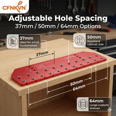 Professional Self Clamping Shelf Pin Jig Drills Eleven Perfectly Aligned Holes In One Straight Shot Featuring A Heavy Duty Metal Body For Completely Hassle Free Cabinet Setup Work showing adjustable hole spacing options on a red jig.