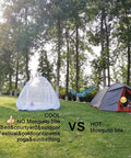 Folding Mosquito Net Tent Canopy For Beds Pop Up King Size Portable Netting With Bottom in a park setting next to a regular tent on grass.
