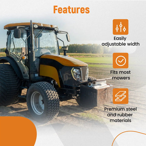 Universal Lawn Striper Kit For Zero Turn Mowers And Garden Tractors Adjustable From 12.63 Inches To 23.26 Inches Built With Heavy Duty Automotive Grade Steel For A Clean Uniform Yard Stripe That Looks Pro mounted on a tractor with feature highlights