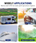 Collage showing applications for Water Pressure Booster Pump For Home And RV including RV, car wash, yacht, and agriculture irrigation.