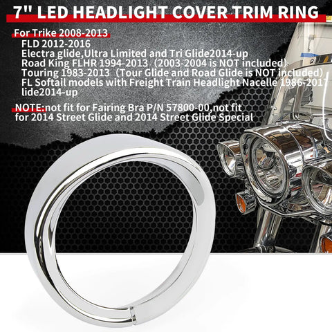 7 Inch Black Headlamp Visor Trim Ring Bezel For Harley Touring Street Glide Electra Glide Road King Softail Dyna Fatboy Trike Fits 1983 2013 Models Not Including Tour Glide Or Road Glide 2014 And Up Ultra Limited Tri Glide Compatible displayed in chrome with motorcycle headlight