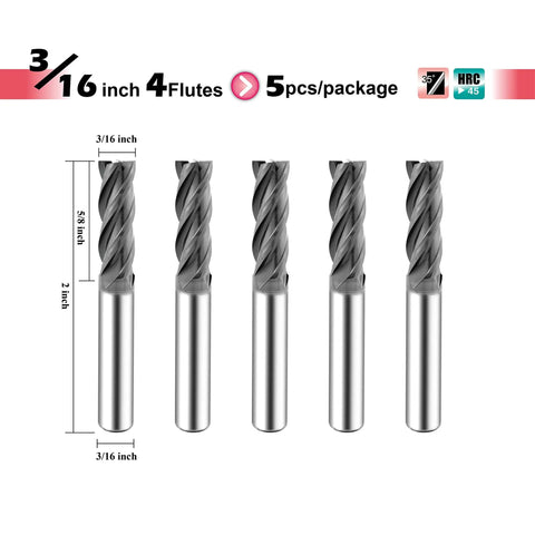 Micrograin Carbide Square End Mill 3 16th Inch 4 Flute ISE 4T Set Of 5 For Milling Alloy Steels Hardened Steel And Metal Pro Grade Mill Bits For DIYers And Pros