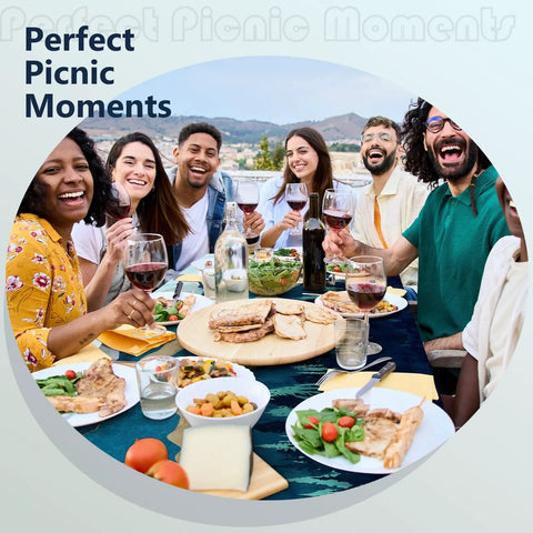 All In One Picnic Table Cover Set With Bench Covers For 6 Foot Tables And 72 Inch Benches Elastic Edges And Drawstring Storage Bag Fits 72 X 30 Inch Tables Blue Green Outdoor Camping Essentials used in a happy picnic scene with diverse group enjoying a meal outdoors.