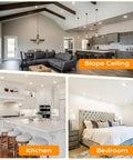 Rooms with 15W 6-Inch Swivel LED Gimbal Recessed Light Kit With No Junction Box Required, shown in kitchen and bedroom setups.