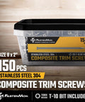 Container of Composite Trim Screw Set Stainless Steel 304 No 8 By 2 Inch 150 Count For PVC And Wood Hidden Finish