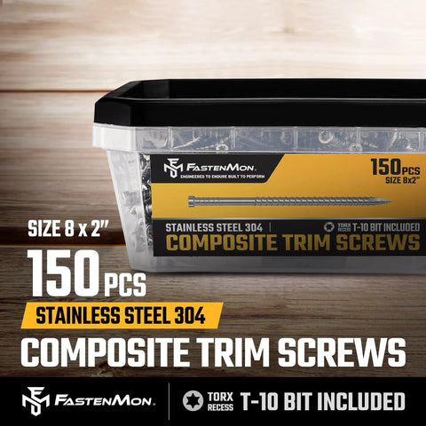 Container of Composite Trim Screw Set Stainless Steel 304 No 8 By 2 Inch 150 Count For PVC And Wood Hidden Finish