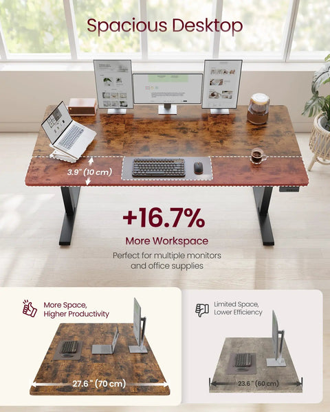 VASAGLE Electric Standing Desk, Height Adjustable Office Table With Memory Presets, Sit Stand Workstation For Home Office, Smooth Lifting Motor Frame, Ergonomic Computer Desk 63 By 27.6 Inches with spacious desktop and dual monitors.