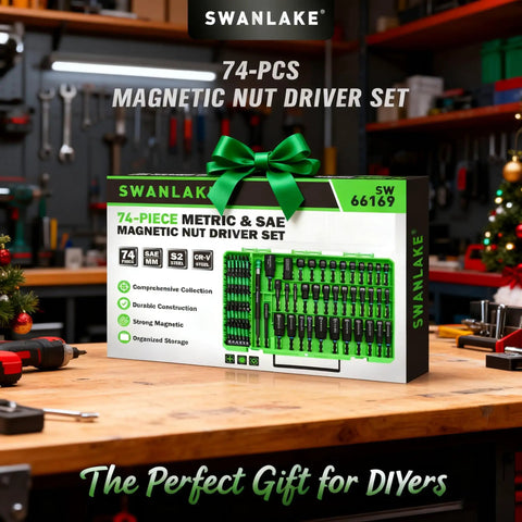 Box of 74 Piece Magnetic Nut Driver Set for Impact Drill with Metric and SAE Sockets on a workshop table.
