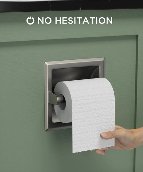 Recessed Toilet Paper Holder In Stainless Steel Built To Last Tissue Roll Holder Wall Mount For Bathroom Space Saving Design With Mounting Bracket Brushed Nickel Finish Modern Wall Dispenser with toilet roll being pulled.