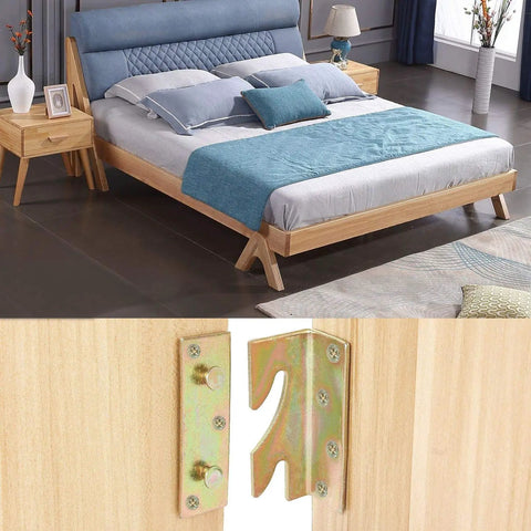 Heavy Duty Bed Rail Fittings With No Mortise Bed Brackets And Rust Proof Galvanized Steel Connectors installed on wooden bed frame.