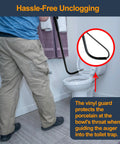 Professional 3 Foot Toilet Auger Snaps Up Sticky Drain Clogs Without Sweat Using Rust Resistant Vinyl Coated Pipe Snake Wire For Sinks And Bathtubs With Secure Storage Clip in use on a toilet.