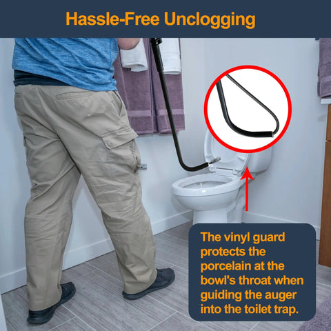Professional 3 Foot Toilet Auger Snaps Up Sticky Drain Clogs Without Sweat Using Rust Resistant Vinyl Coated Pipe Snake Wire For Sinks And Bathtubs With Secure Storage Clip in use on a toilet.