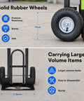 Heavy Duty 2 In 1 Hand Truck With 9 Inch Pneumatic Tires And 800 Pound Capacity Carbon Steel Moving Dolly showing rubber wheels detail.