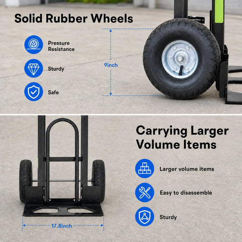 Heavy Duty 2 In 1 Hand Truck With 9 Inch Pneumatic Tires And 800 Pound Capacity Carbon Steel Moving Dolly showing rubber wheels detail.