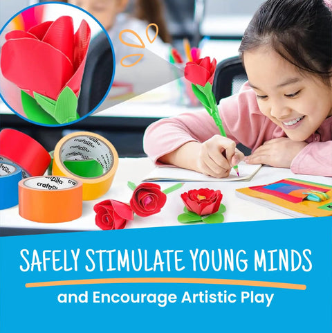 Smiling child crafts paper flowers with Rainbow Duct Tape Bulk Pack Six 2 Inch By 10 Yard Rolls Heavy Duty Craft Tape on desk.