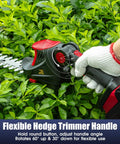 Person adjusting cordless hedge trimmer handle, red and black model, shown working on green leaves. Focus keyword: Cordless Hedge Trimmer 18V Max 1500 RPM 2-In-1 Electric Trimming Tool For Yard And Garden Great For Edges And Shaping Battery Not Included Compatible With M18 Lithium Batteries Red.