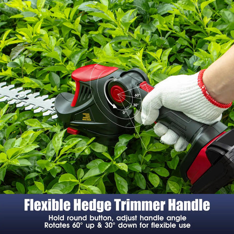 Person adjusting cordless hedge trimmer handle, red and black model, shown working on green leaves. Focus keyword: Cordless Hedge Trimmer 18V Max 1500 RPM 2-In-1 Electric Trimming Tool For Yard And Garden Great For Edges And Shaping Battery Not Included Compatible With M18 Lithium Batteries Red.