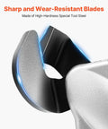 Close-up of sharp blades on Sheet Metal Cutter Drill Attachment With 360 Degree Pivoting Head for cutting metal and more.