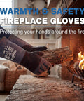 Person using Heavy Duty Fireplace Gloves With Heat Resistant Leather Mitts With Solid Grip 16 Inch XL to handle firewood.