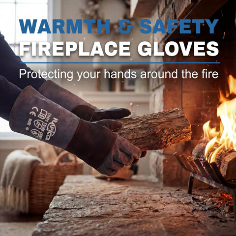 Person using Heavy Duty Fireplace Gloves With Heat Resistant Leather Mitts With Solid Grip 16 Inch XL to handle firewood.